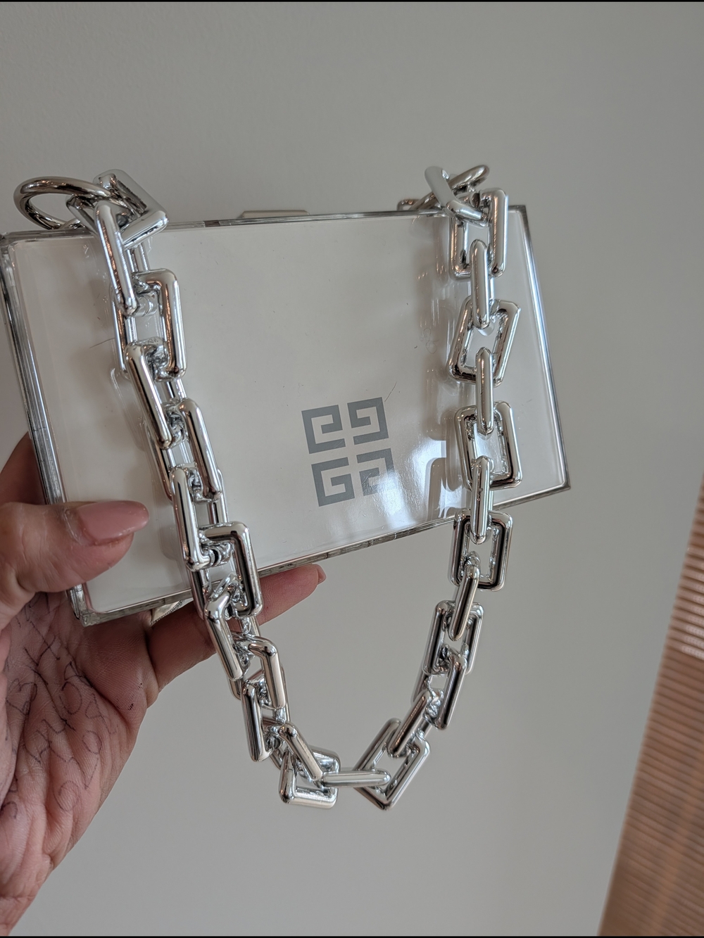 SOLD | Wearable Art - Upcycled Acrylic Box Clutch with Silver Chain
